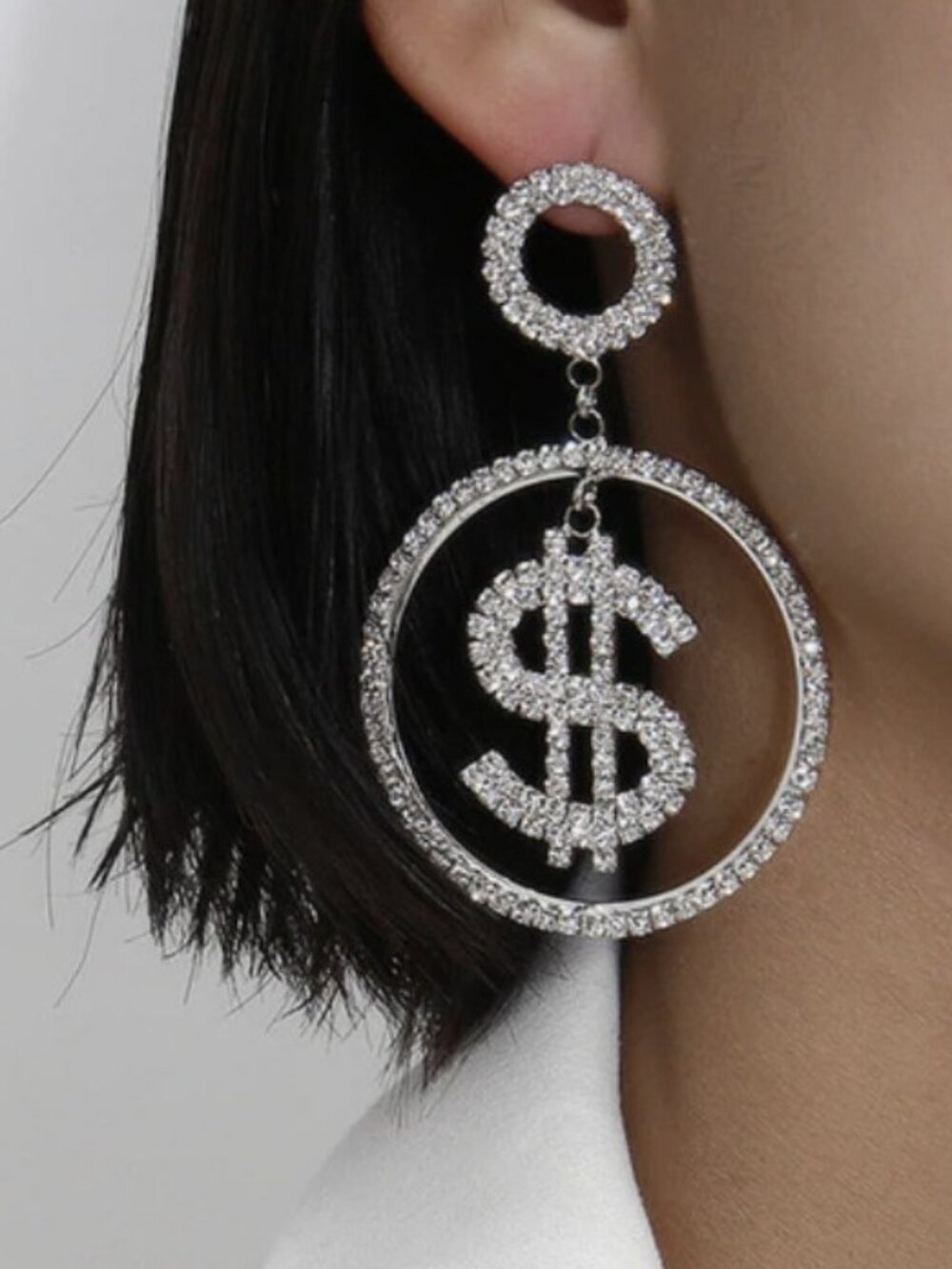 Dollar Sign Large Bling Sparkly Rhinestone Hoop Dangle Earrings